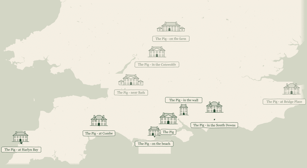 The Pig checklist — a hand-drawn map of THE PIG hotels across southern England