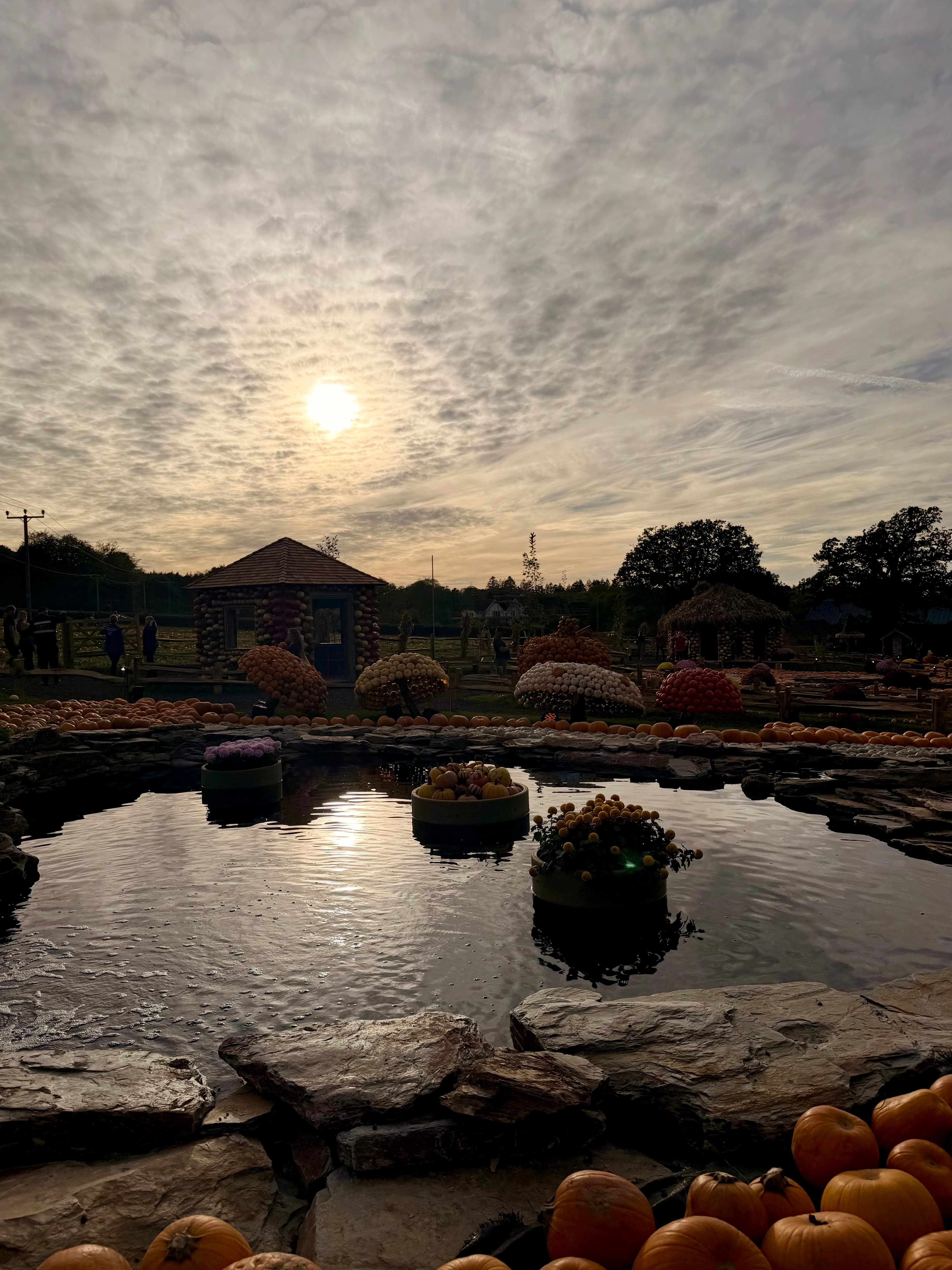 The sun going down behind the pond and the gourd hut