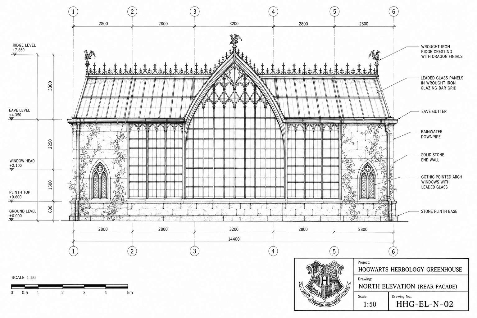 North elevation, rear facade — HHG-EL-N-02