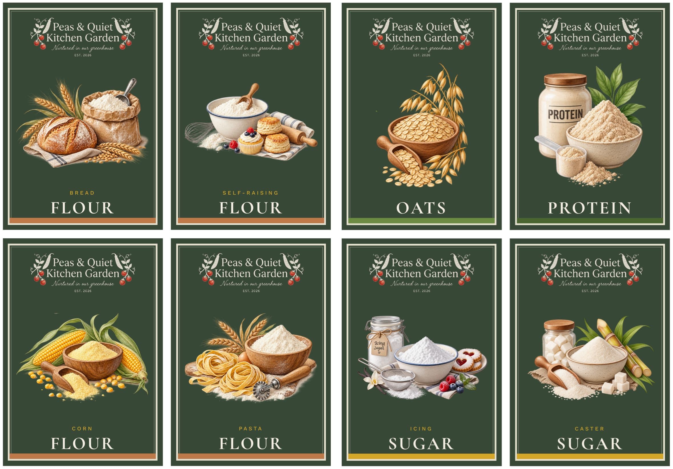 The same eight pantry labels in the deep green colourway
