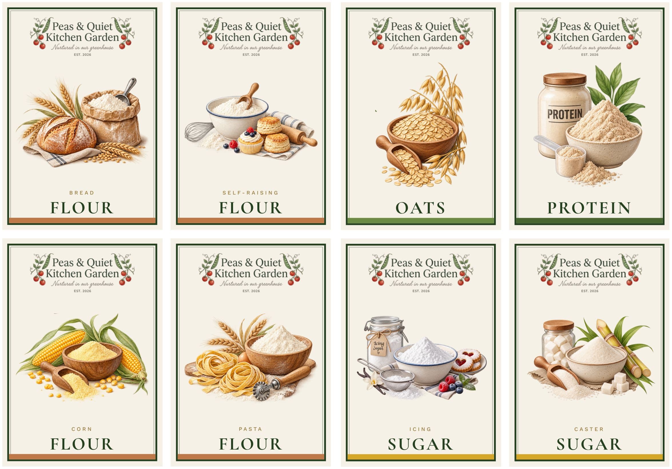 Eight botanical pantry labels on a cream ground — bread flour, self-raising flour, oats, protein, corn flour, pasta flour, icing sugar and caster sugar