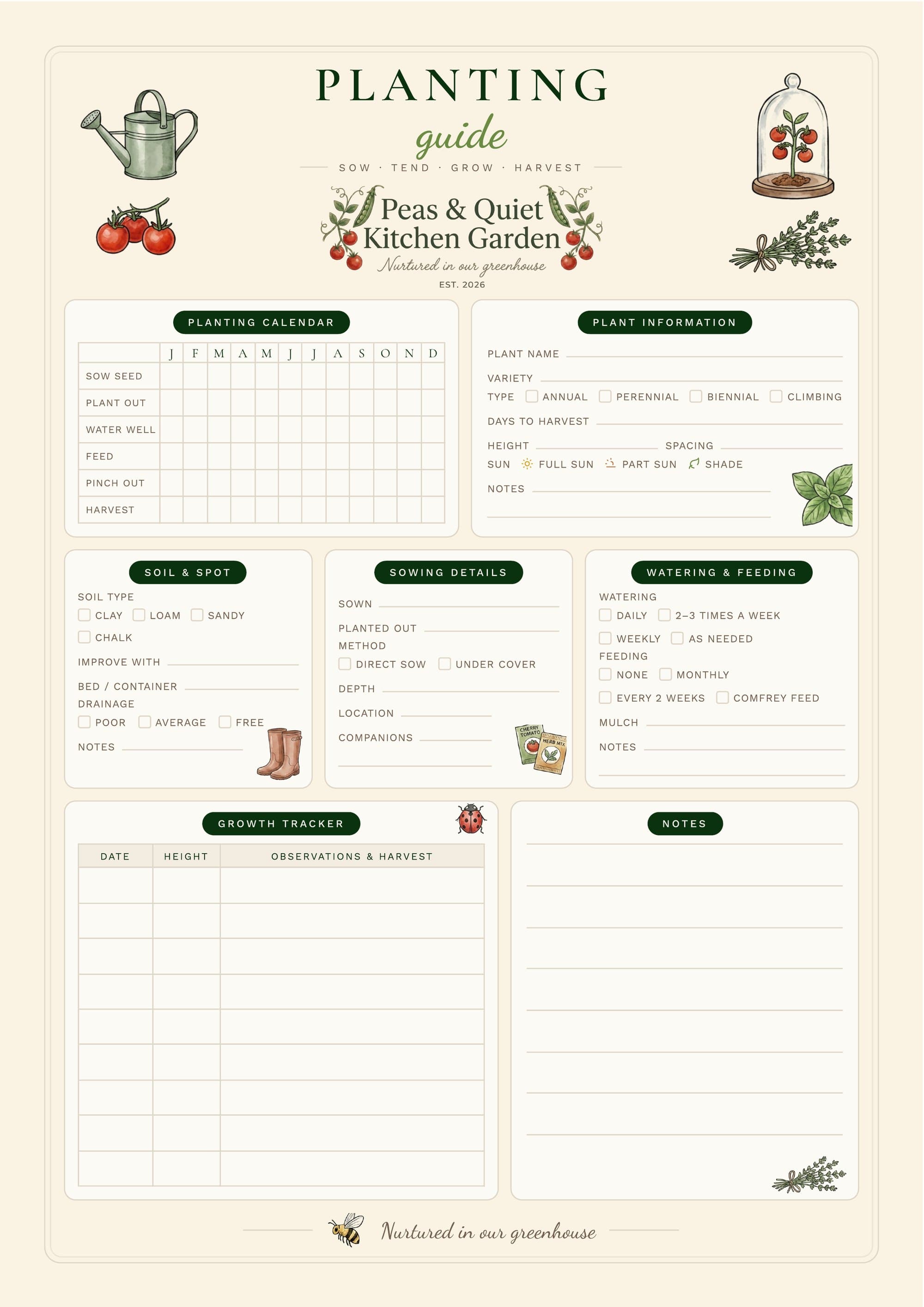 The one-page Peas & Quiet planting guide — planting calendar, plant information, soil and spot, sowing details, watering and feeding, growth tracker and notes, drawn in the botanical style with a watering can, tomatoes, a cloche and a bundle of thyme