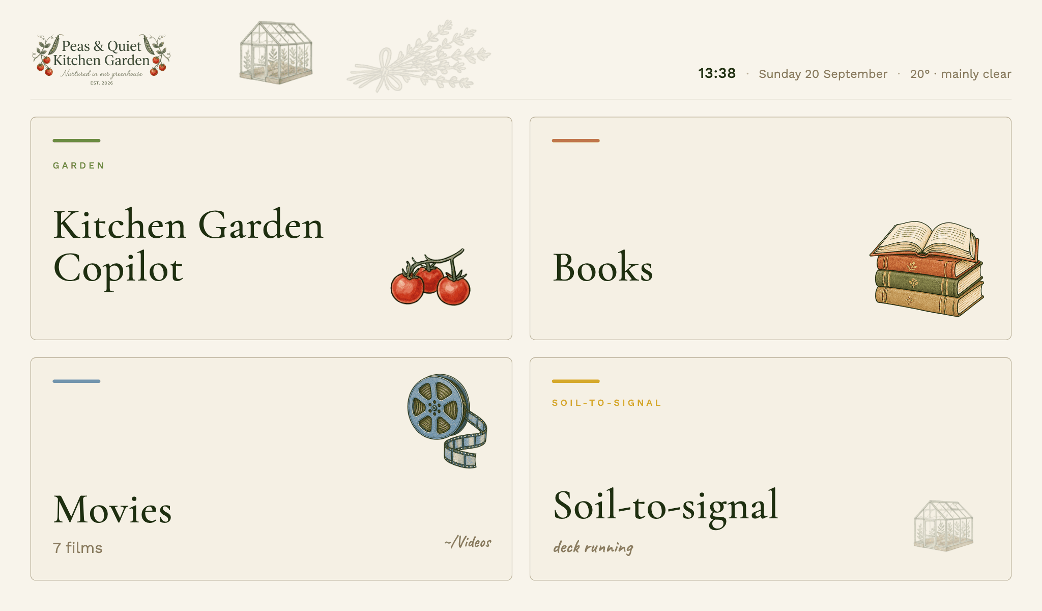 The cyberdeck's home page on the Pi: Kitchen Garden Copilot, Books, Movies, and a Soil-to-signal tile that says the deck is running