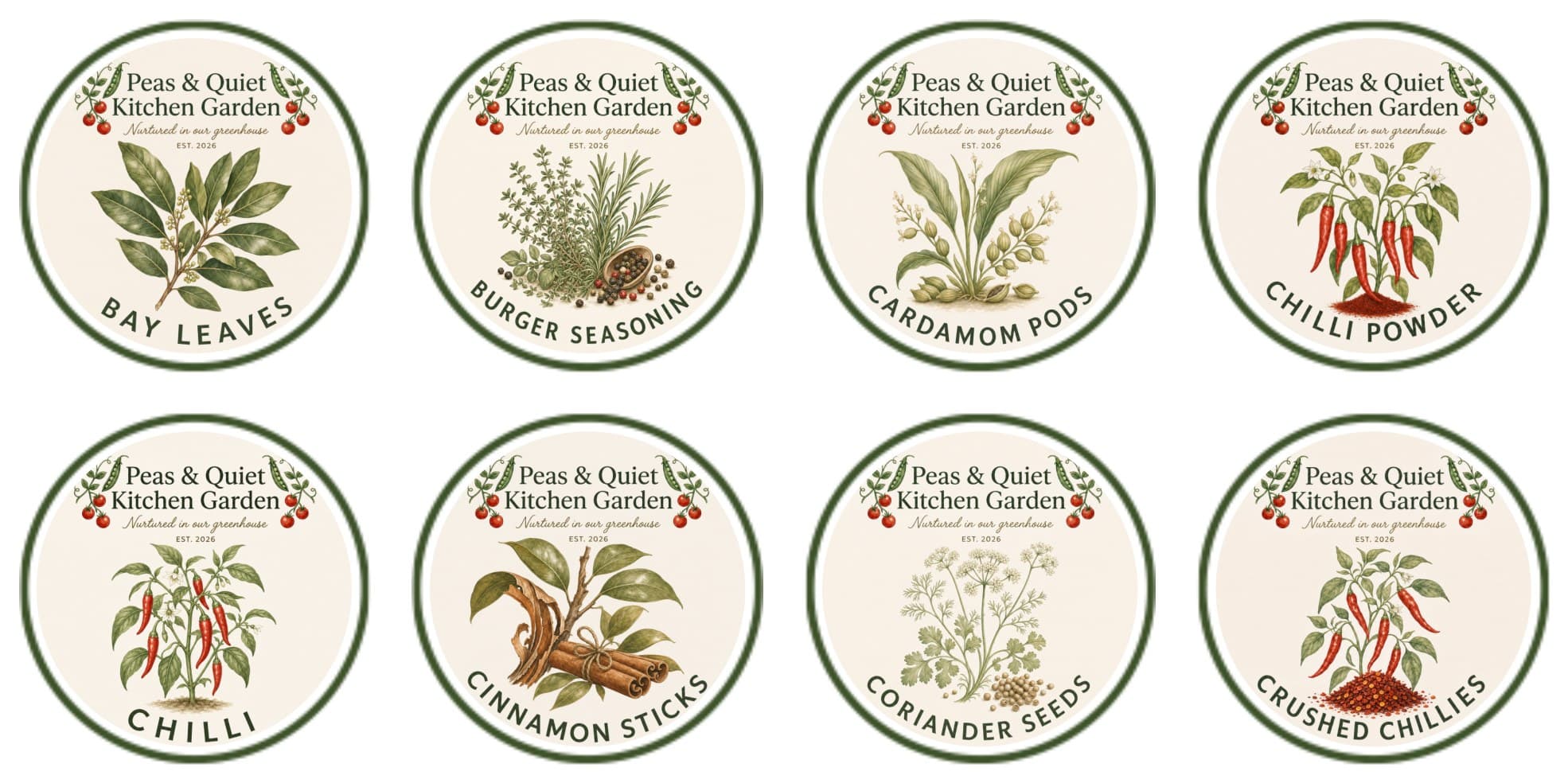 Round botanical spice jar labels — bay leaves, burger seasoning, cardamom pods, chilli powder, chilli, cinnamon sticks, coriander seeds and crushed chillies