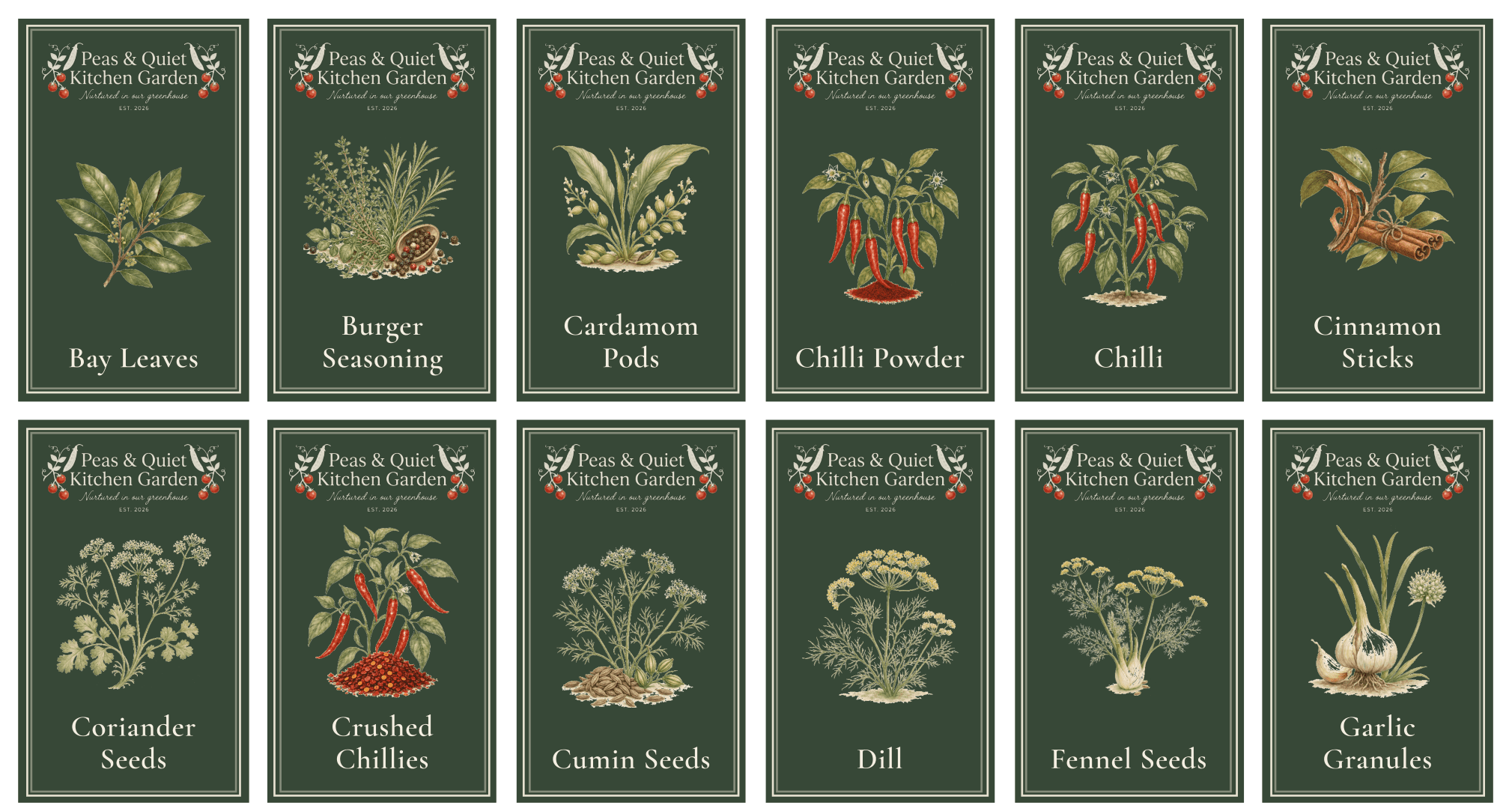The same tall spice labels in the deep green colourway, illustrations and lettering in cream on a forest ground