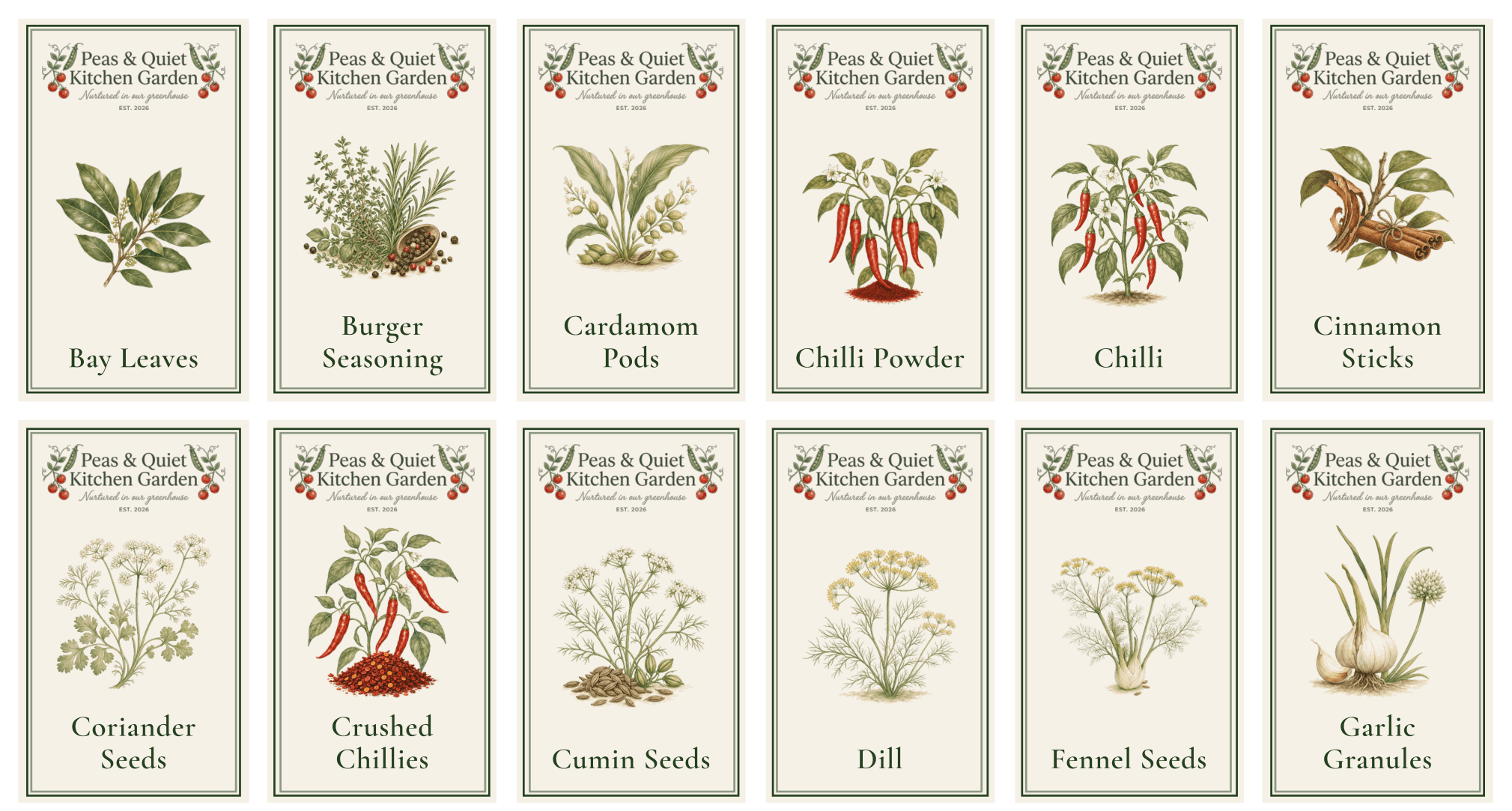 Tall rectangular botanical spice labels — bay leaves, burger seasoning, cardamom pods, chilli powder, chilli, cinnamon sticks, coriander seeds, crushed chillies, cumin seeds, dill, fennel seeds and garlic granules
