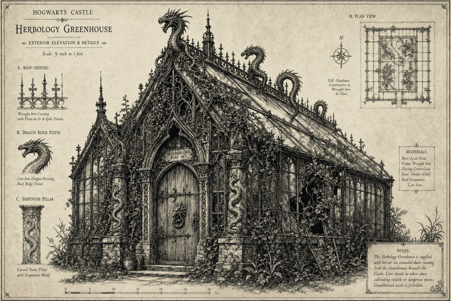 Herbology Greenhouse — exterior elevation and details, drawn as a Hogwarts Castle survey plate