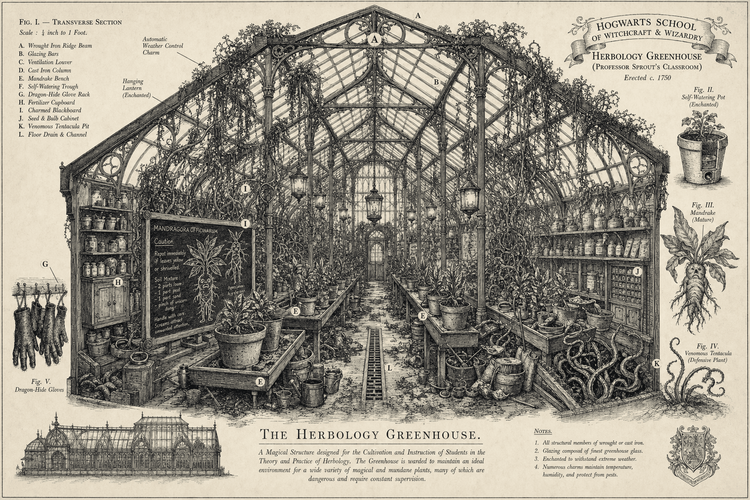 Transverse section through the greenhouse — Mandrakes on the bench, lanterns down the nave